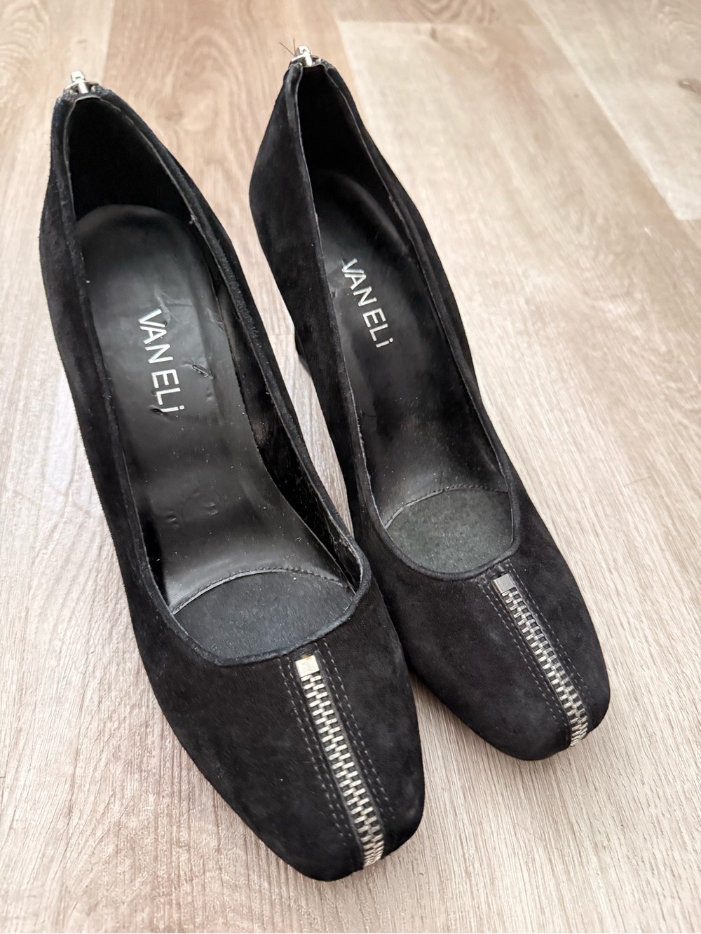 Vaneli Black Suede Pumps with Silver Zip Detail